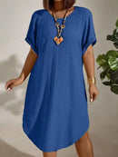 Roupas femininas europeias e americanas de tamanho grande 2025 verão novo vestido de cor sólida de manga curta tamanho grande