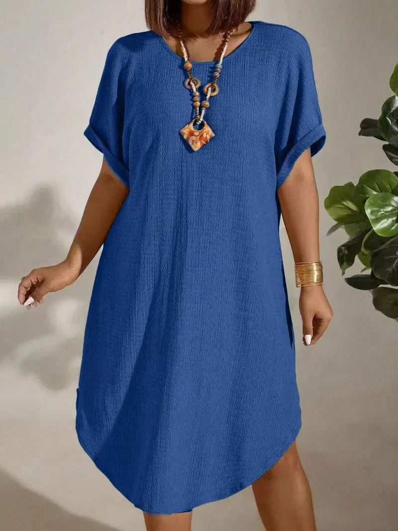 Roupas femininas europeias e americanas de tamanho grande 2025 verão novo vestido de cor sólida de manga curta tamanho grande