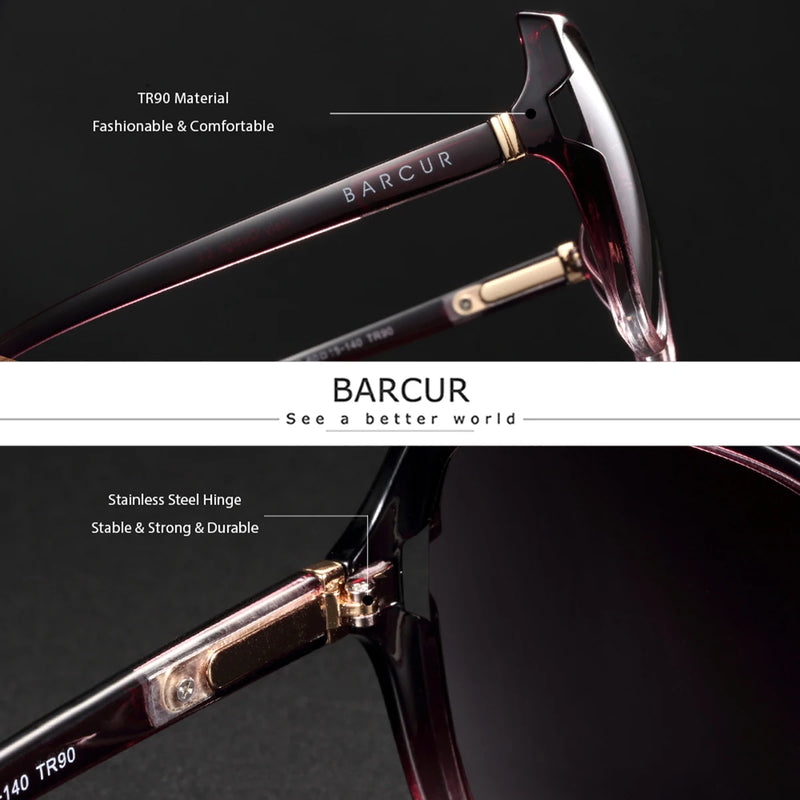 Óculos de sol feminino com armação grande BARCUR, lentes elegantes com gradiente, acessórios de vestuário, proteção UV400, óculos de sol polarizados