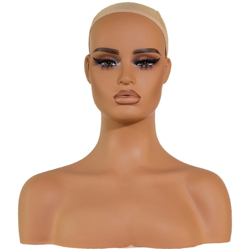 Square Face Wigs Display Head Realistic Mannequin Head With Shoulders Pvc Foam Filled Head With Eye-Shadow,Ear Holes,Eyelashes