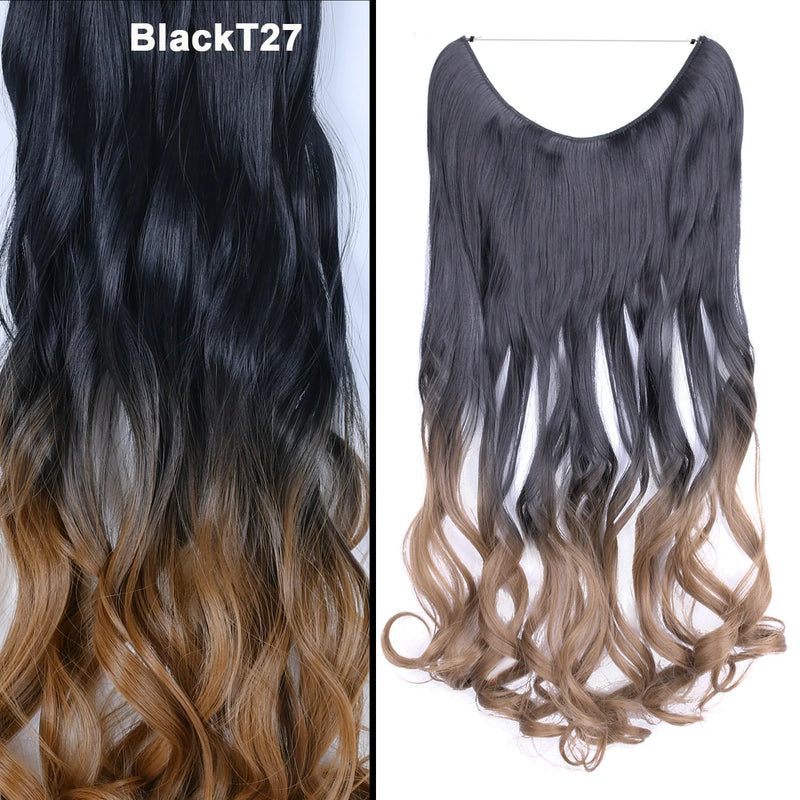 Jeedou One Piece Synthetic Hair Extension No Clips Whit Invisible Line Straight&Wavy Hair Hairpieces Brown Blue Ombre Color