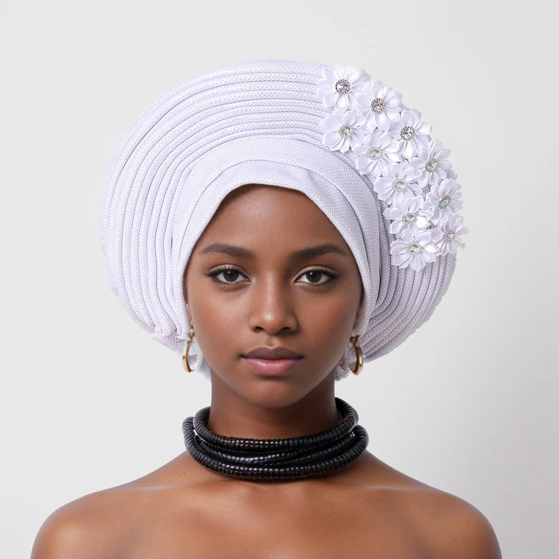 Vermelho Multi-Layered chapéu de turbante, Africano Fan Shaped cabeça Wraps, Headwear plissado com Cristal, Nigéria Headtie, Auto Gele, Casamento