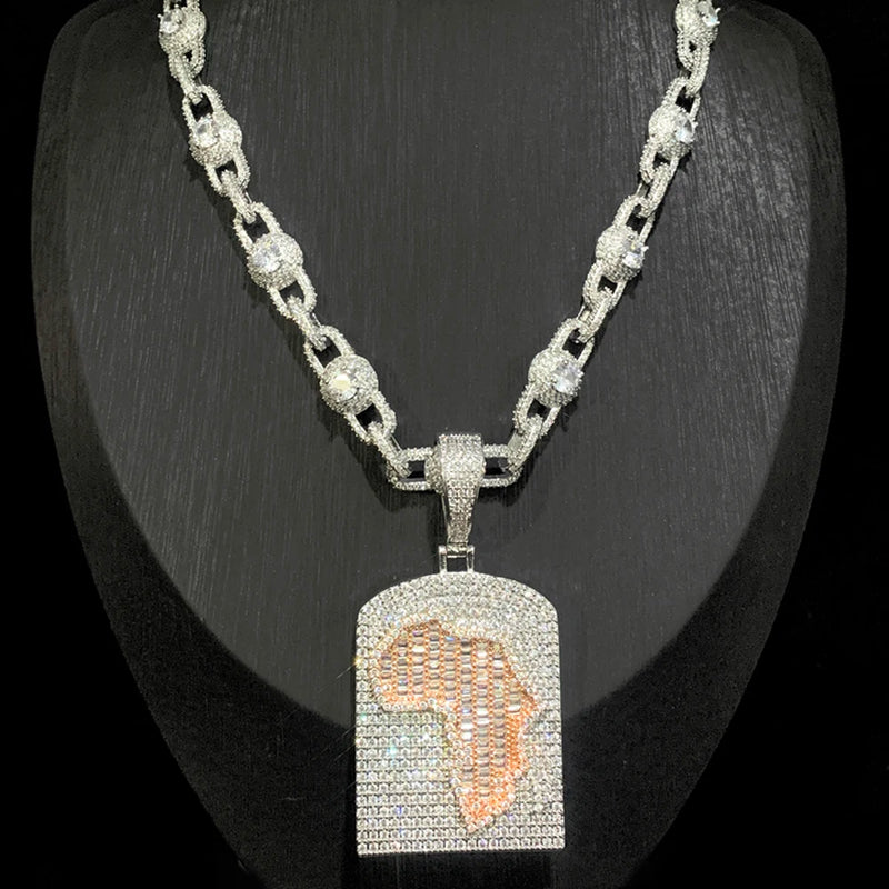 Iced Out Bling Africa Map Pendant Necklace Cubic Zirconia Silver Color Eye Cuban Chain Charm Men Fashion Hip Hop Jewelry
