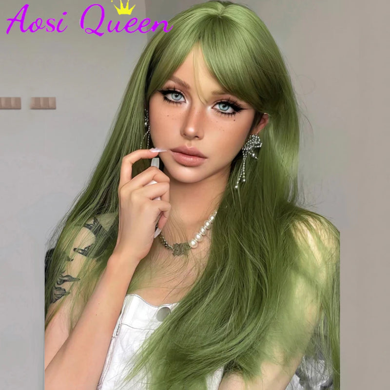 AOSI  20 Inch Fruit Green Long Straight Hair With Bangs Synthetic Heat-resistant Long Straight Hair Cos Wig