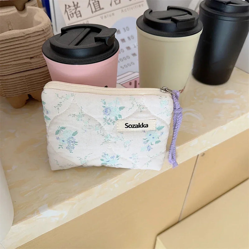 Cartoon Flower Square Cosmetic Bag Women Portable Earphones Lipstick Sanitary Napkins Storage Pouch Small Makeup Zipper Bags