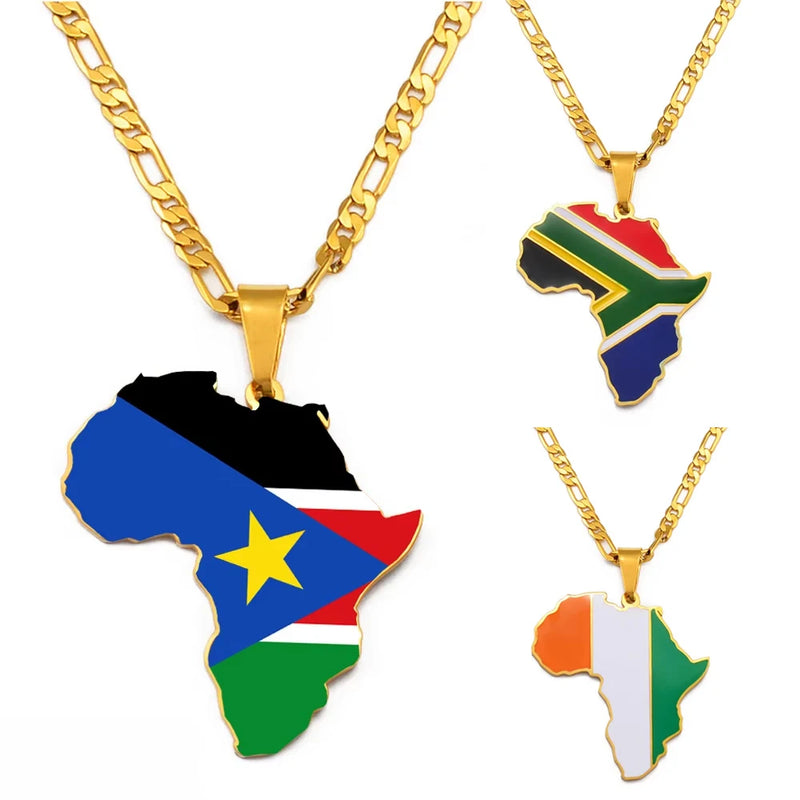 Anniyo 3.8CM Hip-hop South Sudan/Côte d'Ivoire/South Africa Map Flag and Africa Pendant Necklaces for Women Men Jewelry