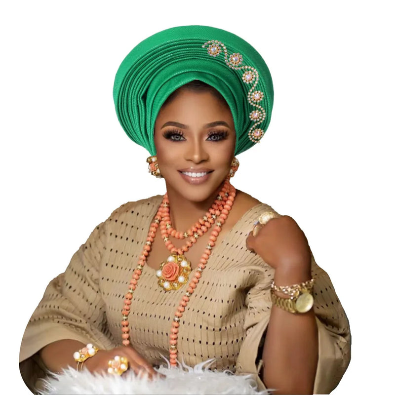 New African Headtie Turban Nigeria Head Ties with Flowers Already Made Auto Gele Women Head Wraps for Wedding Party