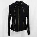 Jaqueta de ioga feminina com zíper dourado |     Cardigan Slim Fit com gola alta |     Bainha antiderrapante e furos para polegares |     Ela alta de secagem rápida