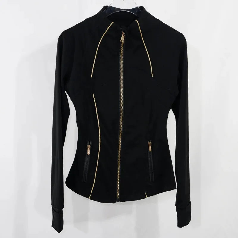 Jaqueta de ioga feminina com zíper dourado |     Cardigan Slim Fit com gola alta |     Bainha antiderrapante e furos para polegares |     Ela alta de secagem rápida