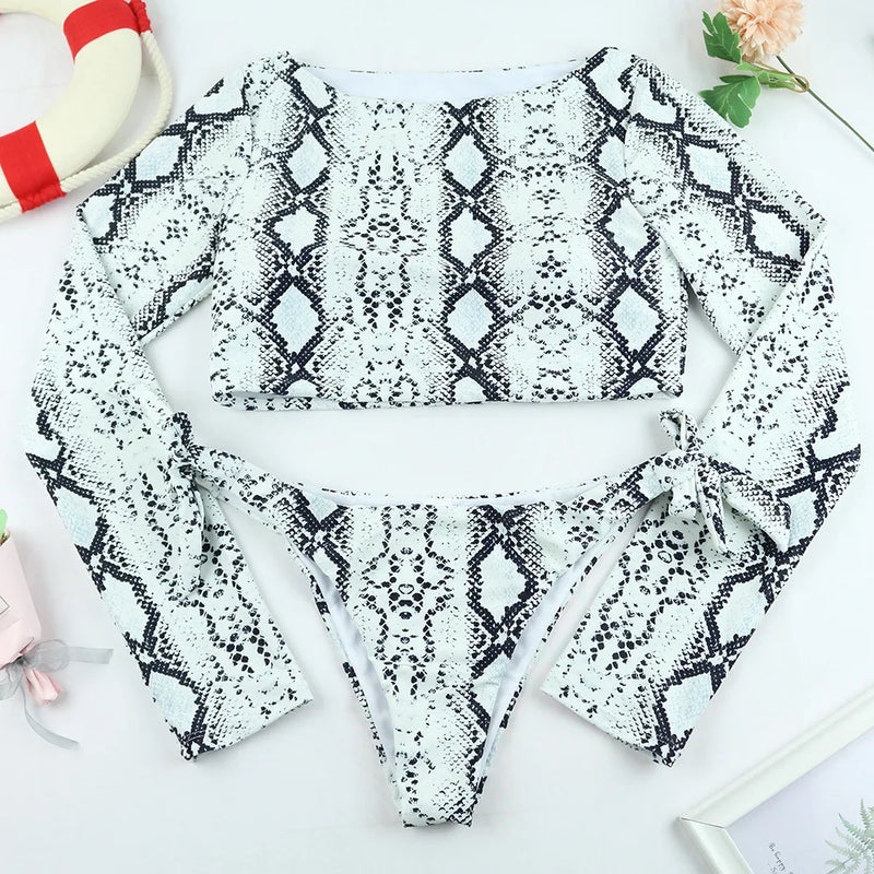 Women's Two Pieces Swimsuit Leopard Printing Bikini Long Sleeve Sun Protection Rash Guard Padded Swimwear Swimming Bathing Suits