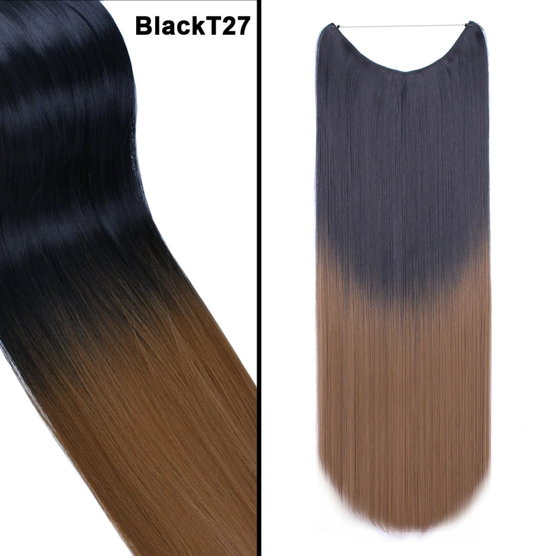 Jeedou One Piece Synthetic Hair Extension No Clips Whit Invisible Line Straight&Wavy Hair Hairpieces Brown Blue Ombre Color