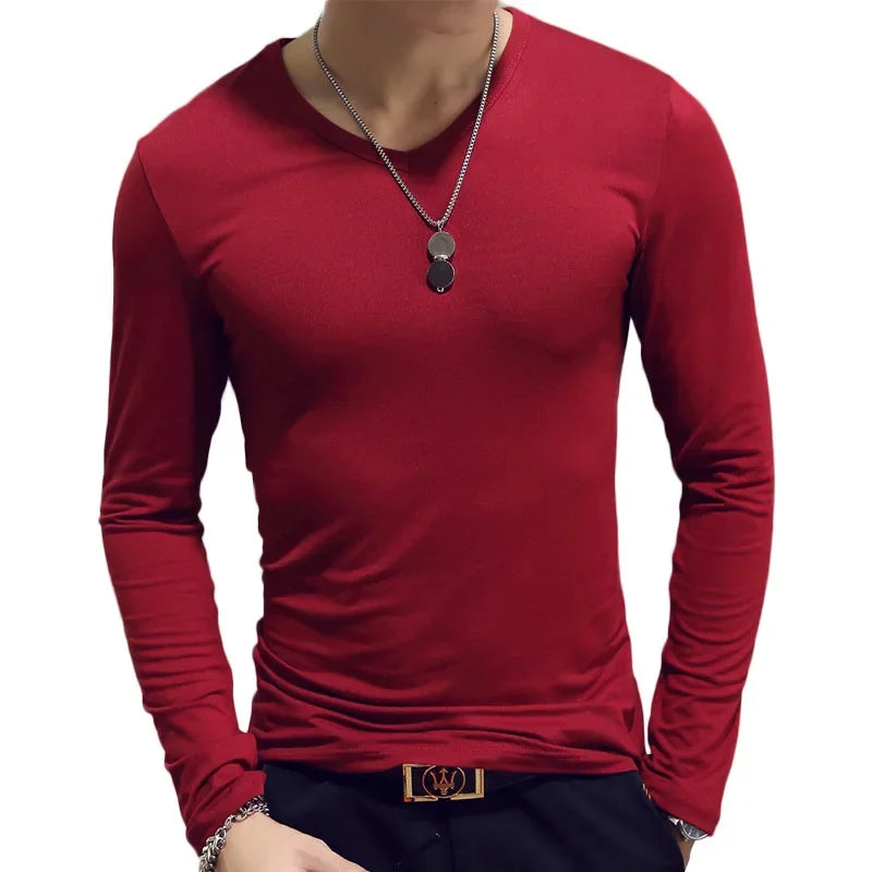 2023 Men's Long Sleeve T-shirts Loose-Fit Solid Color V-Neck Base Layer Top Thin Style Autumn Clothing