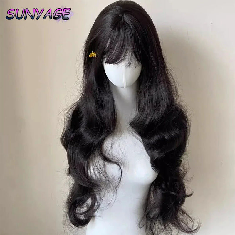 SUNYAGE Lolita Black Wig for Women Long Wavy Hair 75cm Curly Wig with Bangs Cosplay Headband Wigs Synthetic Wigs for Daily Use
