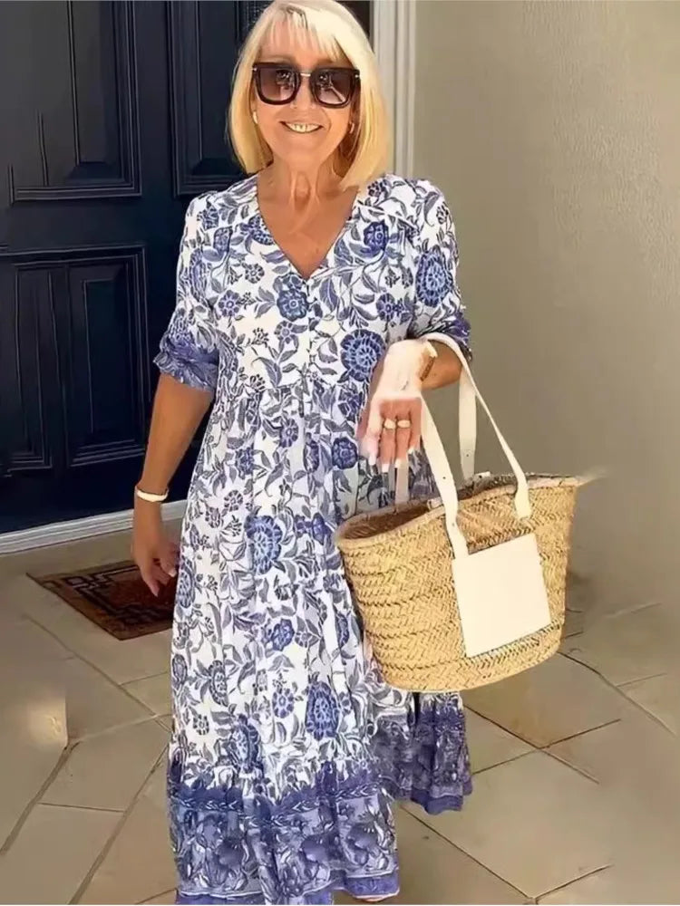 Summer Casual Floral Print Long Dress For Women V Neck Three-quarter Sleeve Elegant Party Dresses Female Boho Holiday Clothing