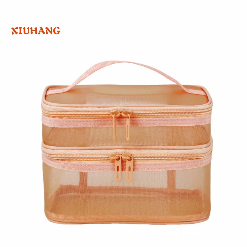 Women's Transparent Mesh Travel Cosmetic Bag Makeup and Toiletries Kit Storage Bag Make Up Organizer Bag