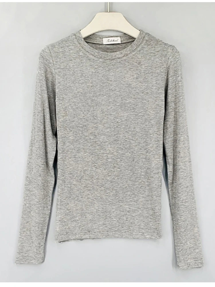 Camiseta estilo coreano magro camisetas 2025 sexy camisetas de algodão manga longa verão topos camiseta femme cáqui azul branco preto