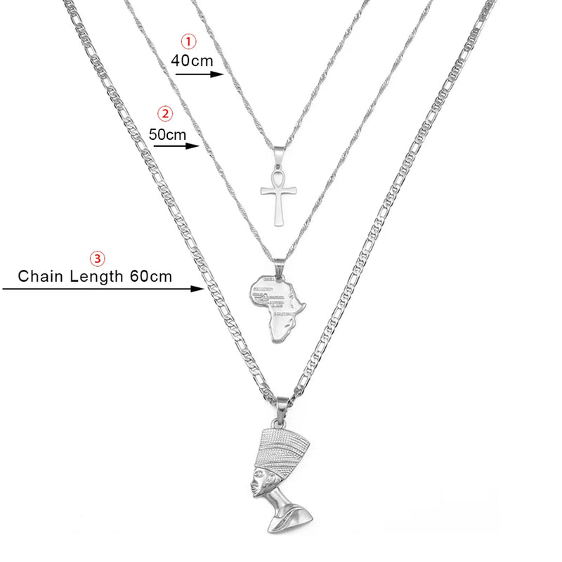 Anniyo 3pcs Necklaces Together Ankh Nefertiti Africa Map Pendant Gold/Silver Color Birthday Party Ethnic Jewelry Women
