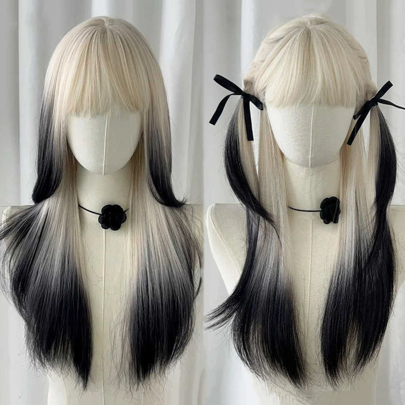 OLACARE  Synthetic Long Straight Lolita Wig with Bang Black Red Two-Tone Cosplay Party Halloween Christmas Wavy Curly Wig
