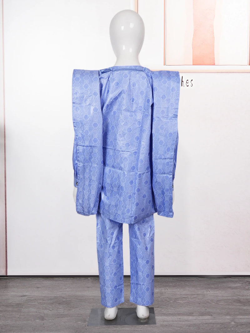 H & d novas roupas de tradição africana para crianças meninos azul manga longa topos bordado dashiki robe camisa calça criança conjunto 3 peças 2024