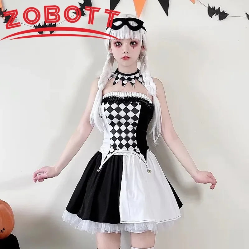 Adulto feminino impertinente palhaço traje jester coringa sexy outfit arlequim halloween sinister circo galinha festa fantasia vestido