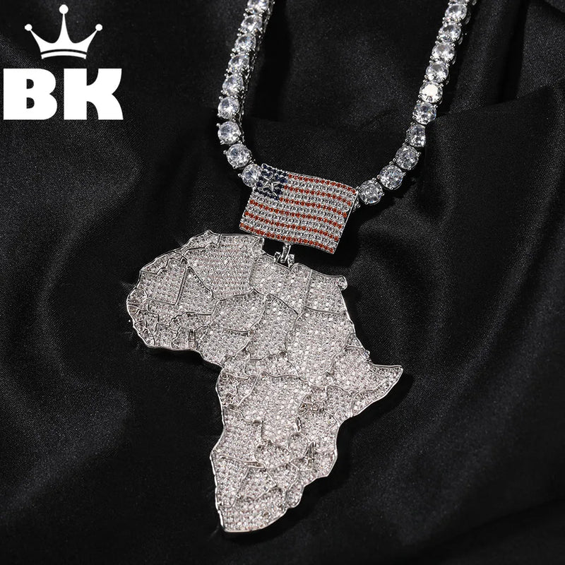 THE BLING KING Large Africa Map Shaped Pendant Necklace With America Flag Bail Full Iced Out Cubic Zirconia Rock Hip Hop Jewelry
