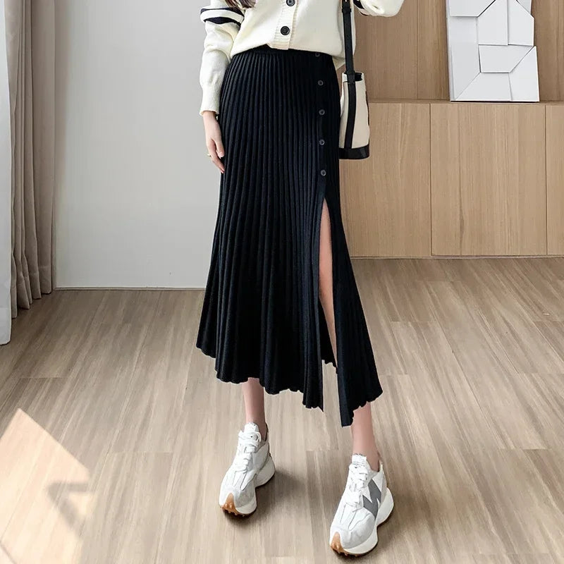 New Fashion Knitted Pleated Skirts Women 2024 Autumn Winter High Waist A Line Faldas Korean Sexy Mid Length White Black Skirt