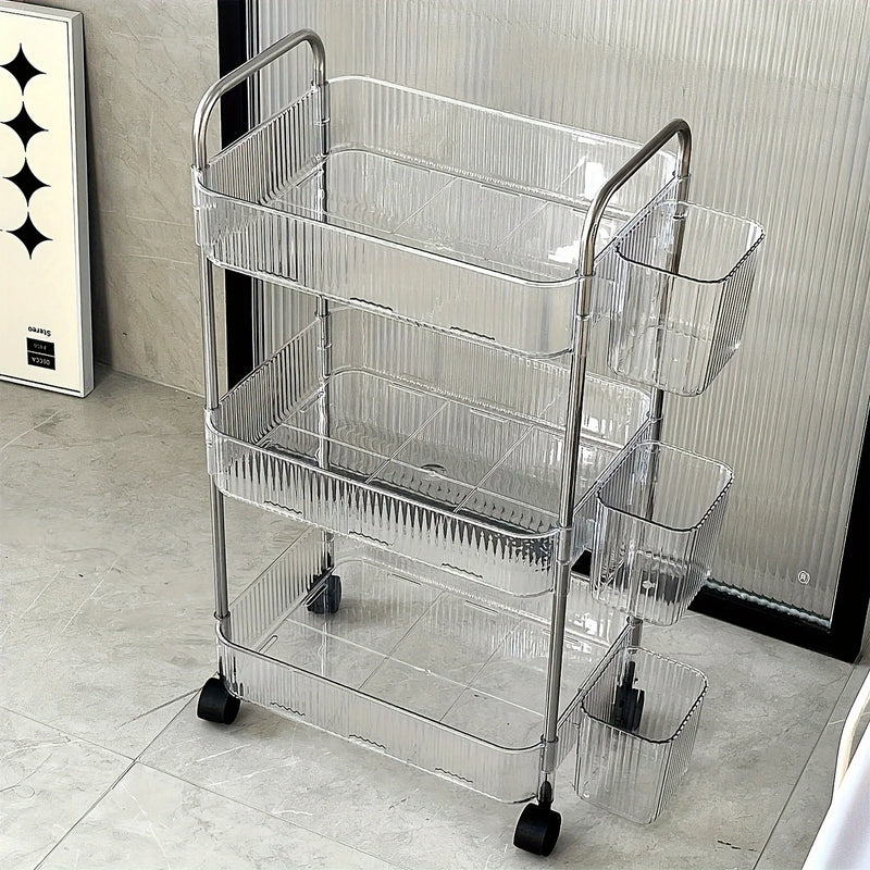 3Tier Clear Storage Cart with Wheels: Multifunctional Rolling Organizer for Home and Office, Ideal for Bedroom, Living Room