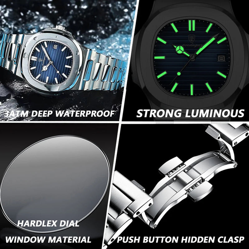 Poedagar relógio de luxo negócios 50 atm à prova dwaterproof água relógio masculino luminoso data aço inoxidável quadrado quartzo relógios reloj hombre