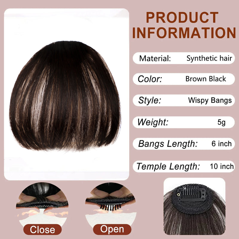 Clip In Bangs Brown Fake Bangs Extensions Wispy Clip on Air Bangs for Women Fringe with Temples Hairpieces Curved Bangs