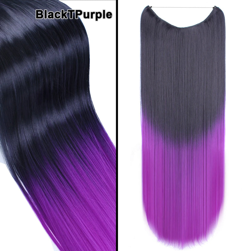 Jeedou One Piece Synthetic Hair Extension No Clips Whit Invisible Line Straight&Wavy Hair Hairpieces Brown Blue Ombre Color
