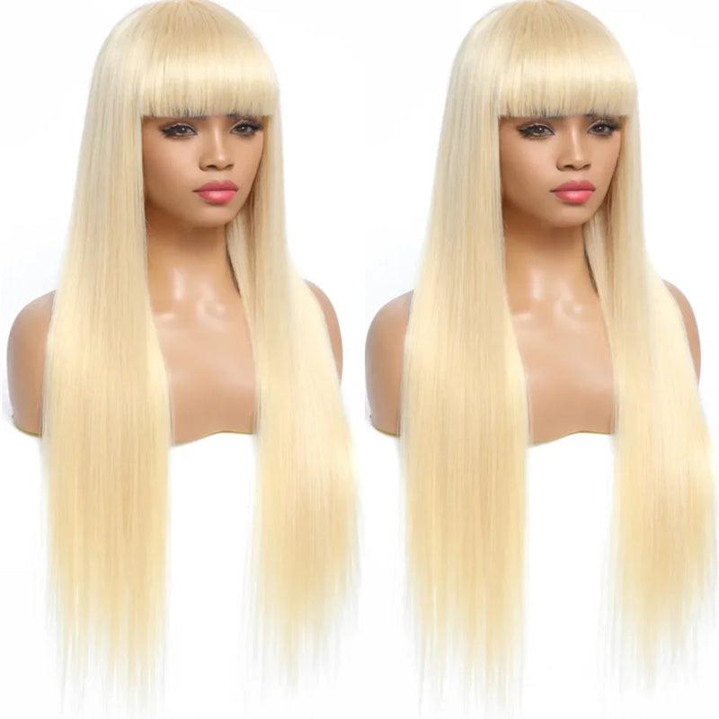 Ready To Wear 613 Honey Blonde Human Hair Wigs With Bangs Full Machine Made Brazilian Human Hair Extension For Women