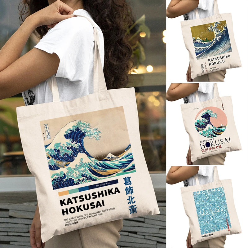 Great Wave Off Kanagawa Large Capacity Shopping Bags Women Shopper Bag Double Print Japanese Artwork Lady Shoulder Tote Handbag