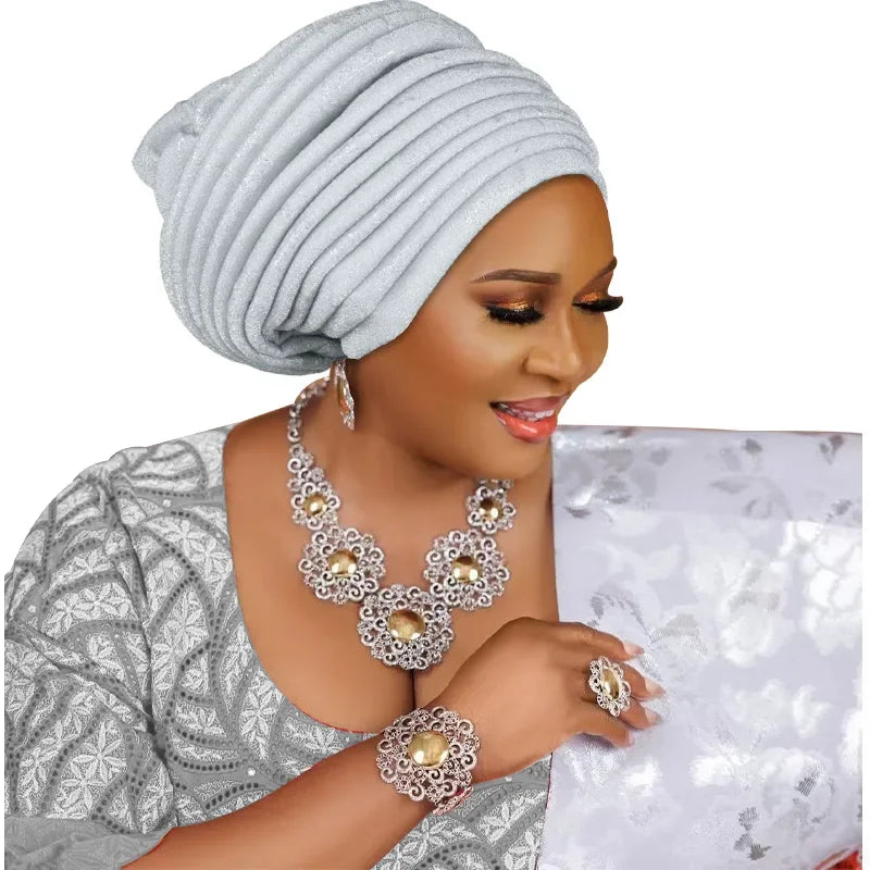 African Lady Headpiece Muslim Headscarf Hat Glitter Fabric Turban Cap for Women Pleated Head Wraps Bonnet