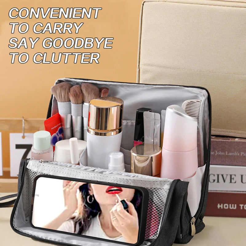 Portable Vertical Cosmetic Bag Double Opening Large Capacity Storage Bag Multi-Purpose Oxford Makeup Pouch with Compartments