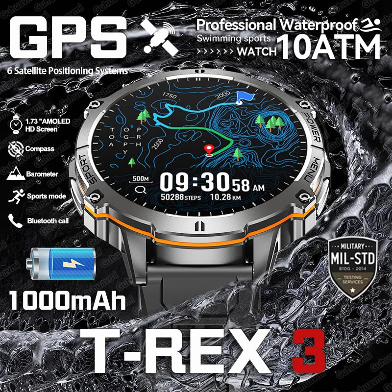 T-rex 3 grau militar 1000mah bateria relógio inteligente 10atm à prova dwaterproof água gps bússola altímetro chamada amoled masculino nadar esportes smartwatch