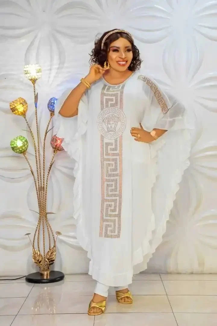 African Plus Size Chiffon Medium-Length Three-Piece Suit Ultra-Fine Fiber Five-Sleeve Fly Sleeve Chiffon Skirt Set