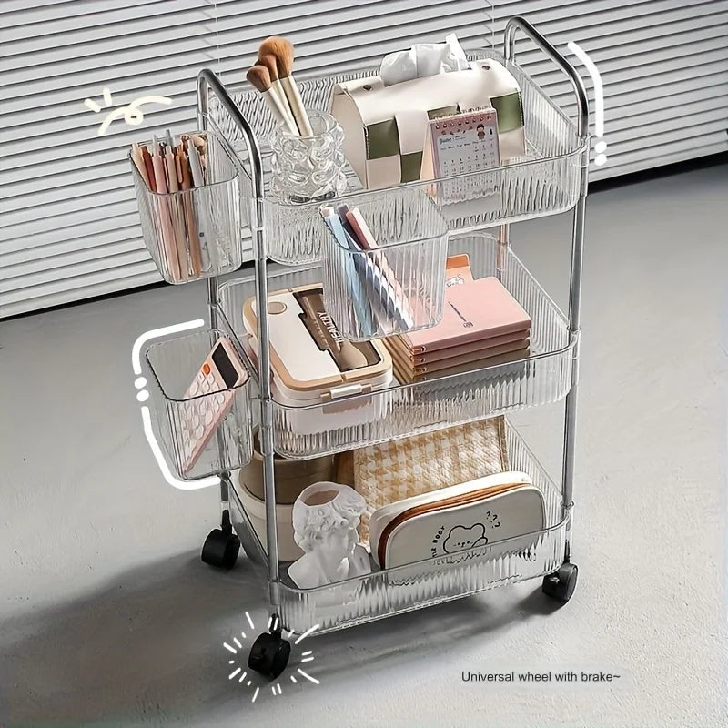 3Tier Clear Storage Cart with Wheels: Multifunctional Rolling Organizer for Home and Office, Ideal for Bedroom, Living Room