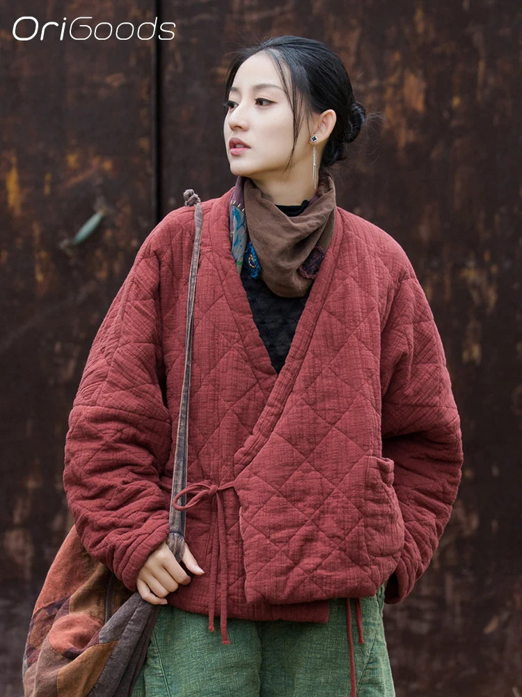 OriGoods Cotton Padded Kimono Jacket Women V-neck Warm Winter Kimono Coat Japanese Style Oversized Quilted Jakcets Woman B280