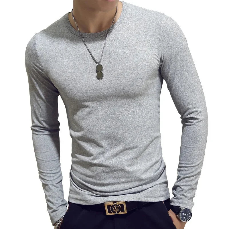 2023 Men's Long Sleeve T-shirts Loose-Fit Solid Color V-Neck Base Layer Top Thin Style Autumn Clothing