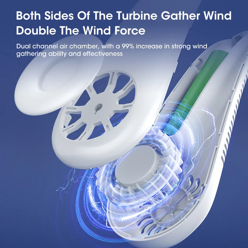 Ventilador de pescoço pendurado recarregável USB Mini banco de potência portátil sem folhas embutido para viagens, esportes, escritório doméstico