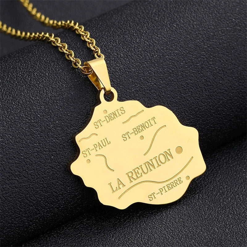 Fashion Reunion Island Map Pendant Necklace Stainless Steel For Women Girls Gold Silver Color Charm Female Choker Jewelry