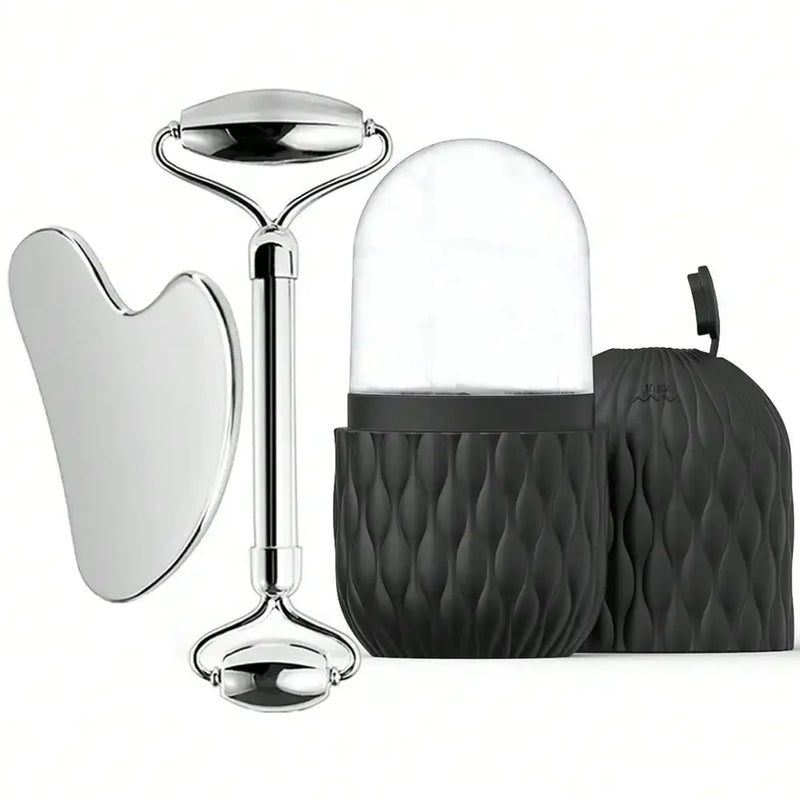 Rolo facial de gelo e conjunto de ferramentas gua sha de aço inoxidável, massageador facial rolo de gelo ferramenta de cuidados com a pele conjunto de beleza ferramenta de contorno de levantamento