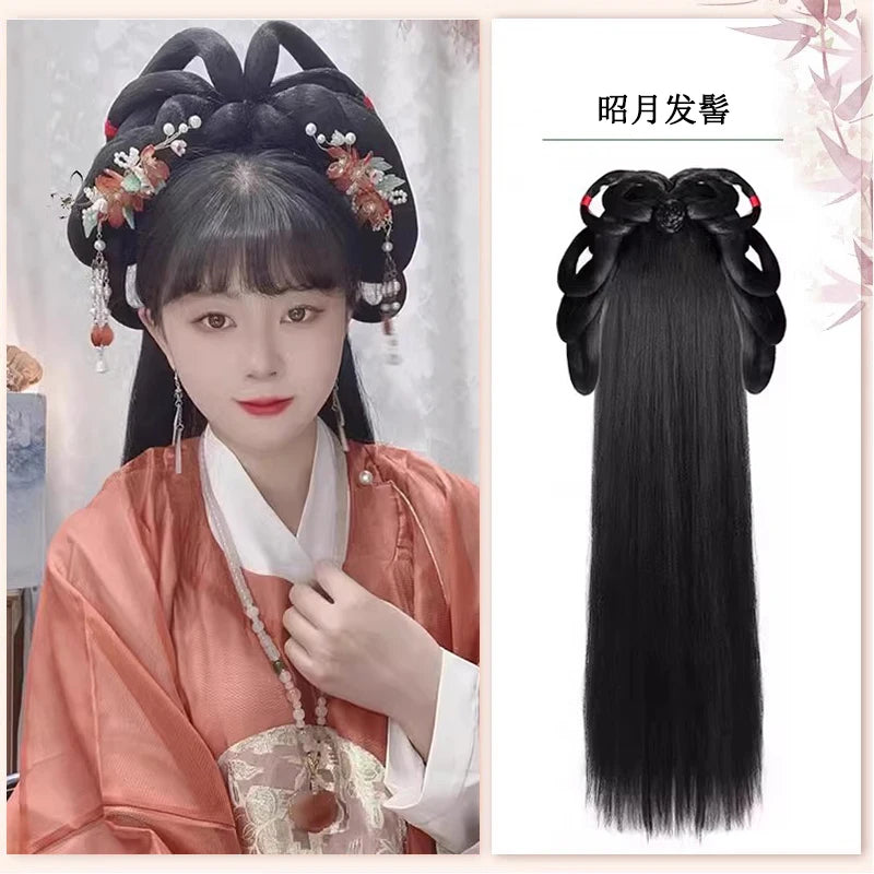 AOSI Synthetic Wei And Jin Style Warring States Robe Hanfu Wig Package Integrated Bun Back Pressed Back Hair Ancient Style