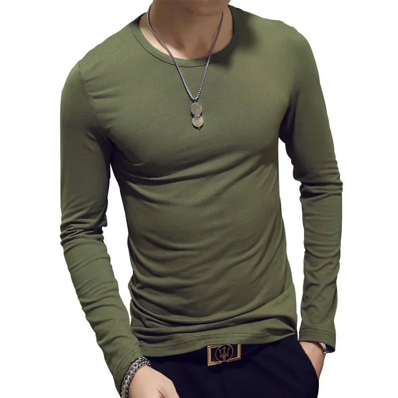 2023 Men's Long Sleeve T-shirts Loose-Fit Solid Color V-Neck Base Layer Top Thin Style Autumn Clothing