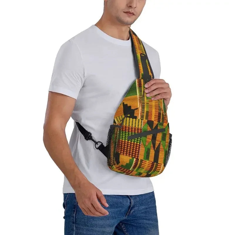 African Kente Cloth Design Sling Bag for Traveling Traditional Africa Ethnic Pattern Chest Crossbody Backpack Shoulder Daypack