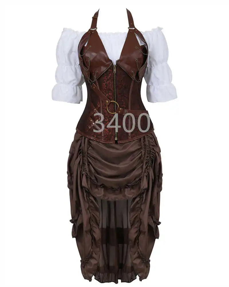 corset steampunk dress bustiers corset skirt three-piece leather pirate lingerie corsetto irregular burlesque plus size black