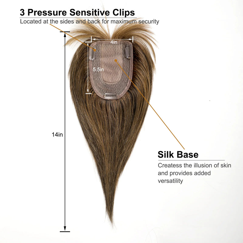Toppers de cabelo humano remy, base de seda marrom reta, extensão de cabelo com franja, topper de cabelo humano para mulheres, uso diário, 14 tamanhos