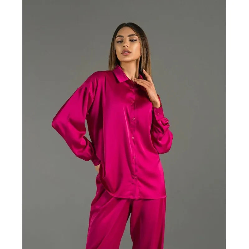 Spring And Summer Lady Long Pants Set Elegant Satin Silk Long Sleeved Loose Shirt Wide Leg Pants Two-piece Set Women Outerwear