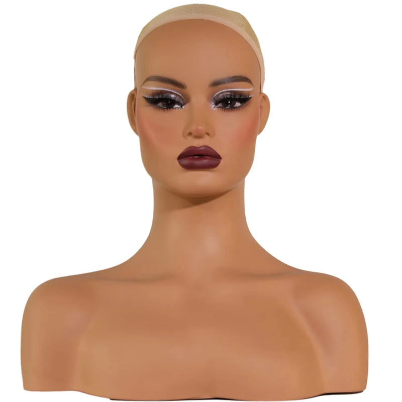 Square Face Wigs Display Head Realistic Mannequin Head With Shoulders Pvc Foam Filled Head With Eye-Shadow,Ear Holes,Eyelashes