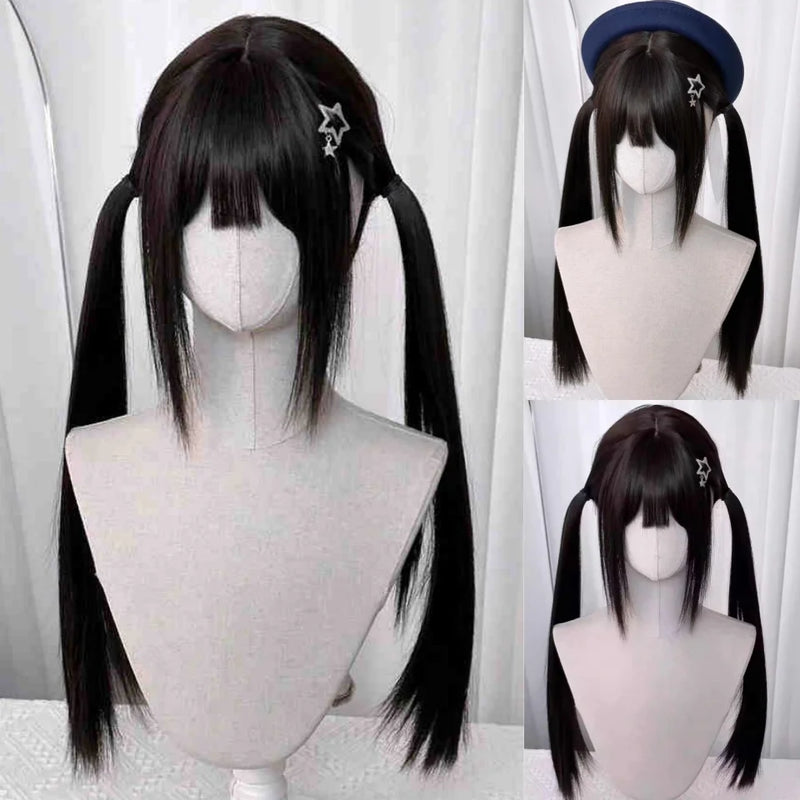 OLACARE  Synthetic Long Straight Lolita Wig with Bang Black Red Two-Tone Cosplay Party Halloween Christmas Wavy Curly Wig